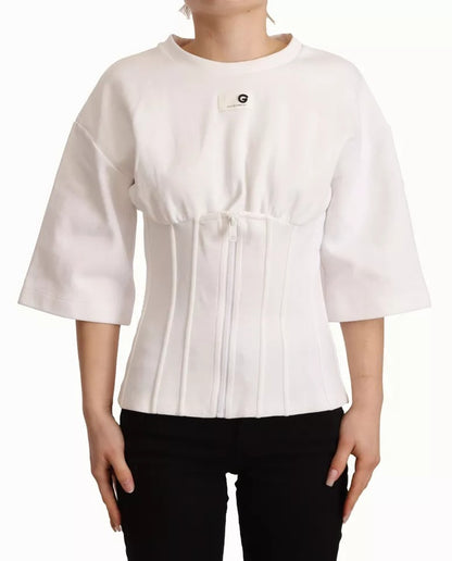 White Cotton Blend 3/4 Sleeves Blouse Top