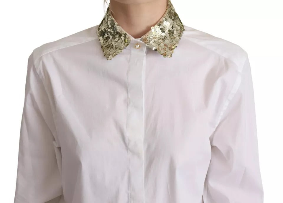 White Cotton Collared Long Sleeves Sequin Top Shirt