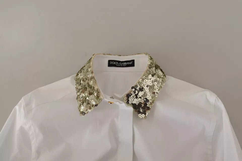 White Cotton Collared Long Sleeves Sequin Top Shirt