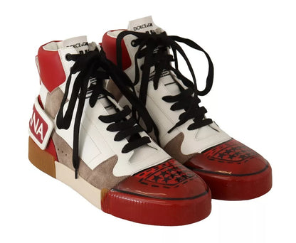 Red White Beige Leather High Tops Sneakers Shoes