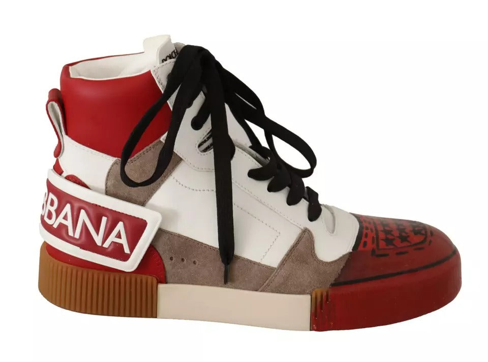 Red White Beige Leather High Tops Sneakers Shoes