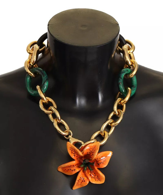 Multicolor Gold Orange Lily Floral Chain Necklace