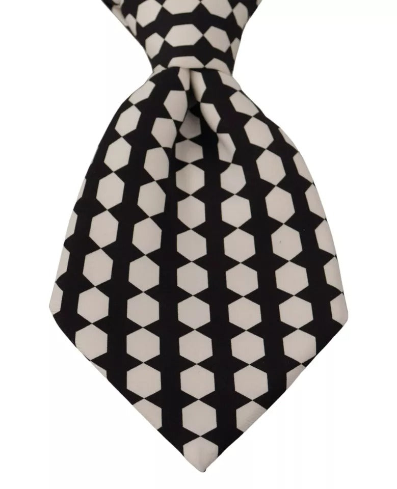 Black White Geometric 100% Silk Adjustable Tie Men