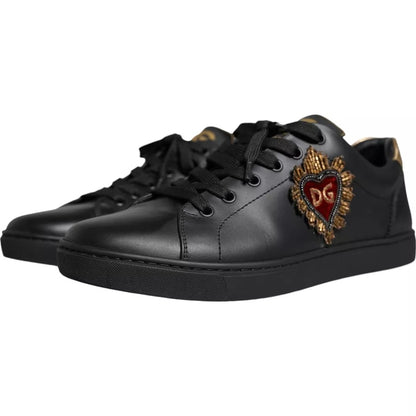 Black Leather Heart Low Top Sneaker Shoes