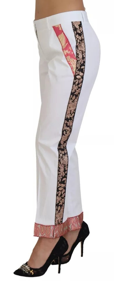 White Jacquard Cotton Blend Mid Waist Pants