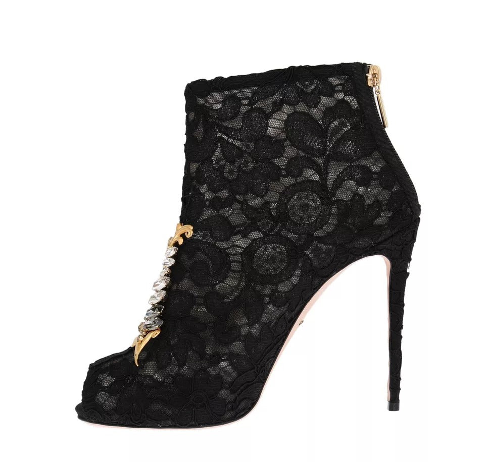 Black Crystal Lace Booties Stilettos Shoes