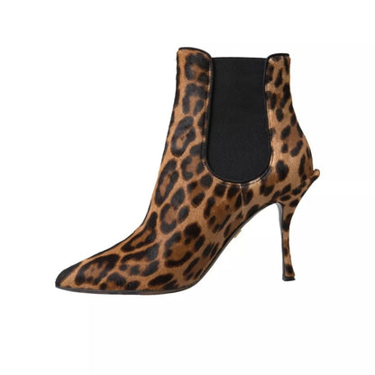 Brown Leopard Leather Stretch Heels Boots Shoes