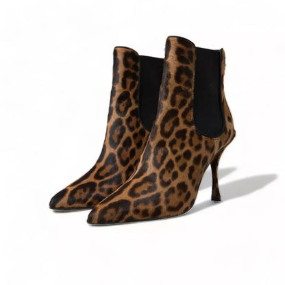 Brown Leopard Leather Stretch Heels Boots Shoes