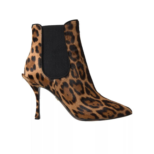 Brown Leopard Leather Stretch Heels Boots Shoes