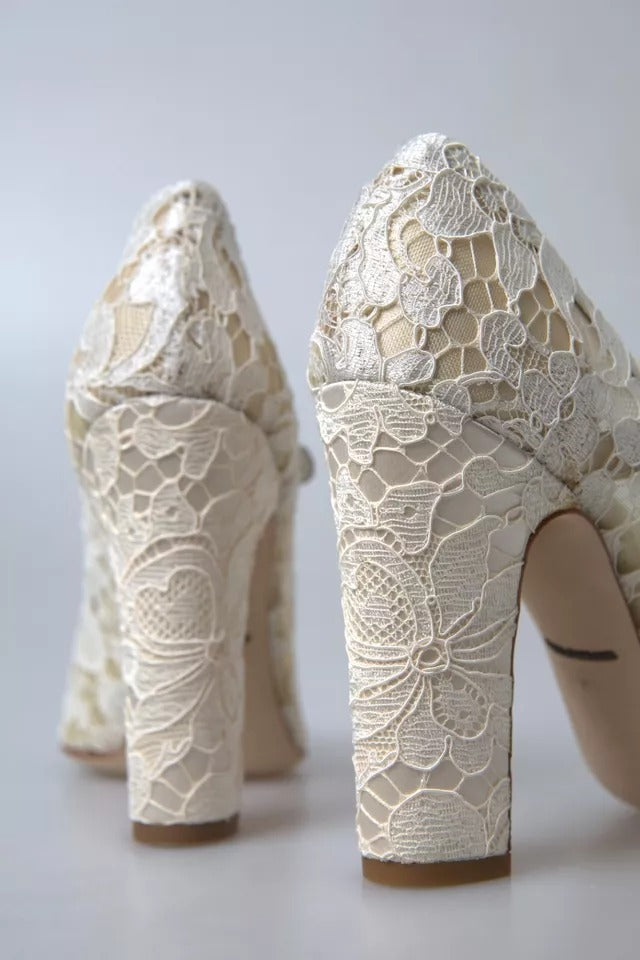 White Lace Crystals Heels Sandals Shoes