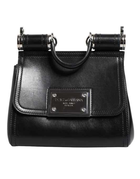 Black Calfskin Leather SICILY Logo Plaque Top Handle Bag