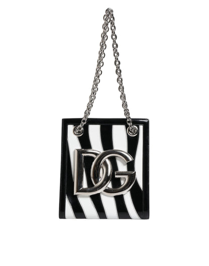 Black White Zebra Patchwork Logo Plaque Shoulder Bag