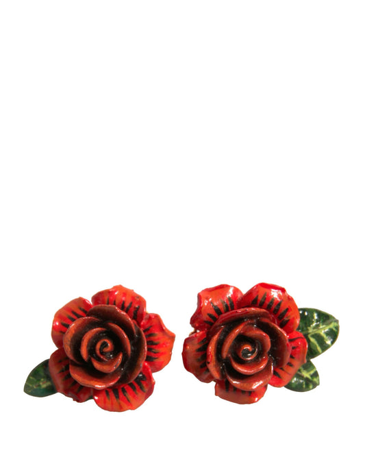 Red Gold Tone Brass Resin Roses Floral Clip On Earrings