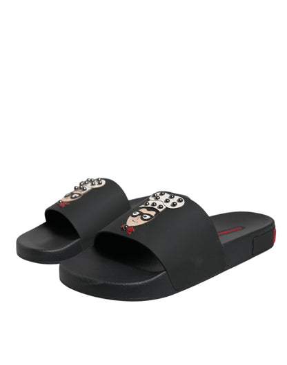 Black Leather Slides Sandals Beachwear Shoes