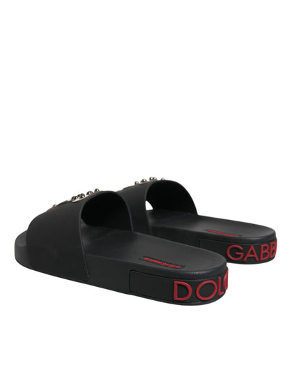 Black Leather Slides Sandals Beachwear Shoes