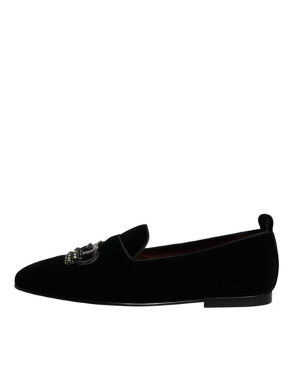 Black Velvet Crystal Crown Loafers Formal Dress Shoes