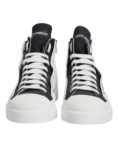 White Black Cotton High Top Sneakers Shoes