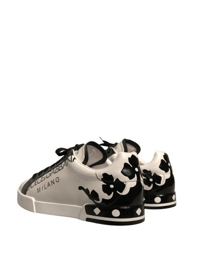 White Black Leather Crown Milano Sneakers Shoes