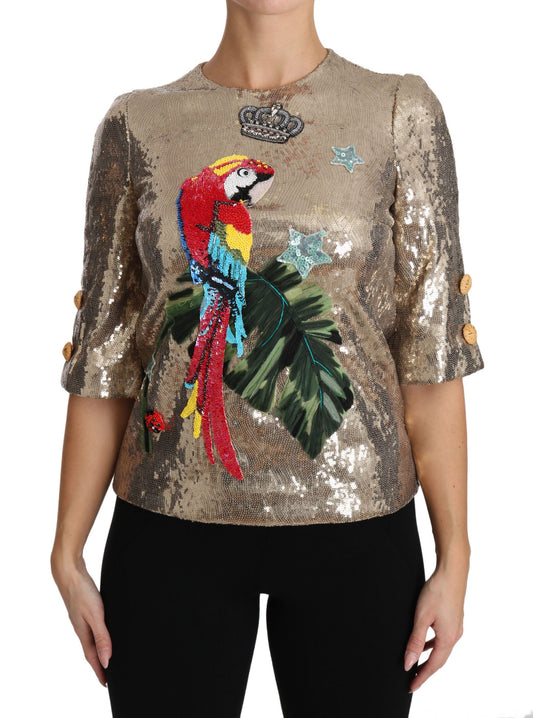 Gold Parrot Motif Crewneck Blouse with Crystals