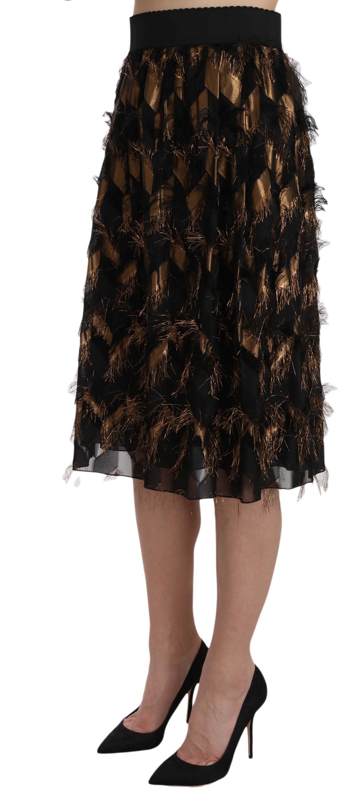 Elegant Gold Black Silk Blend High Waist Skirt