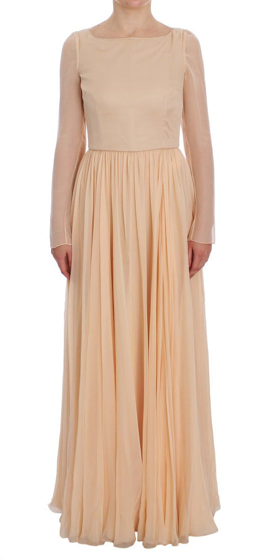 Elegant Beige Silk Full Length Sheath Dress