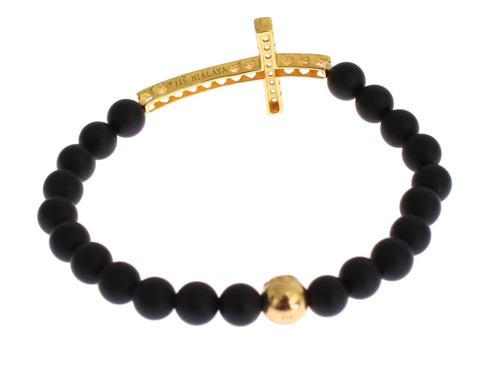 Chic Matte Onyx Bead & CZ Diamond Cross Bracelet