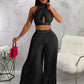 Pleated Backless Cross Halter Top and  Wide Leg Pant Set